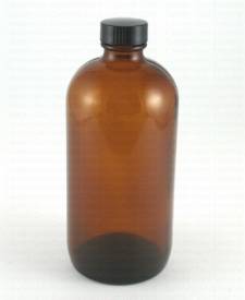 Amber Boston round 16 oz. glass bottle w/black cap (28/400)
