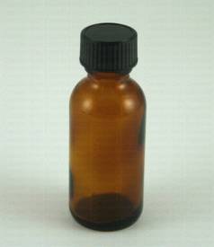 Amber Boston round 1 oz. glass bottle w/black cap (20/400)