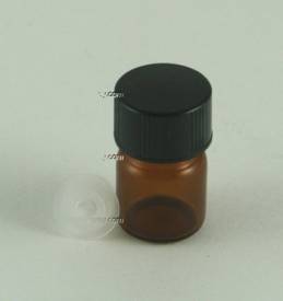 Amber glass vial 1/32, 1/3 dram, .040 oz., 1.23 ml, w/orifice reducer, black cap