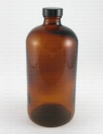Amber Boston round 32 oz. glass bottle w/black cap (33/400)