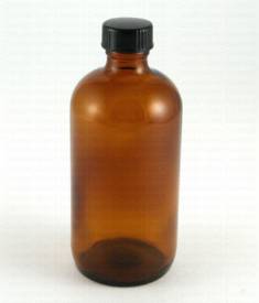 Amber Boston round 8 oz. glass bottle w/black cap (24/400)
