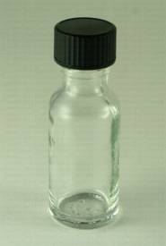 Glass (flint) Boston round glass bottle w/black cap, 1/2 oz.