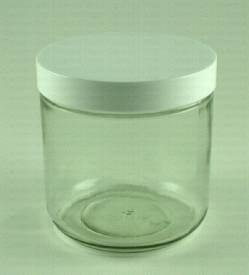 Jar, glass, white plastic cap, 16 oz.